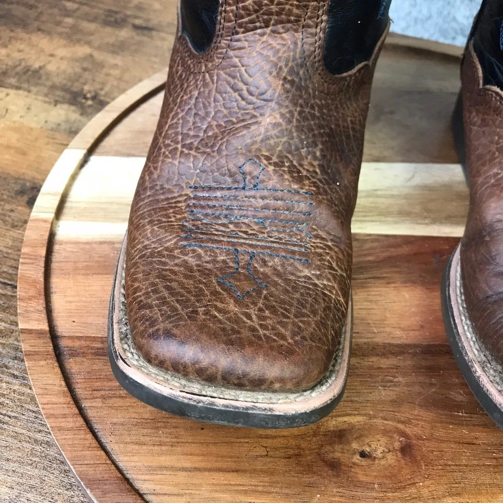 Ariat Tombstone Western Boots Kids 3 Brown Black Blue Stitched Square Toe Cowboy